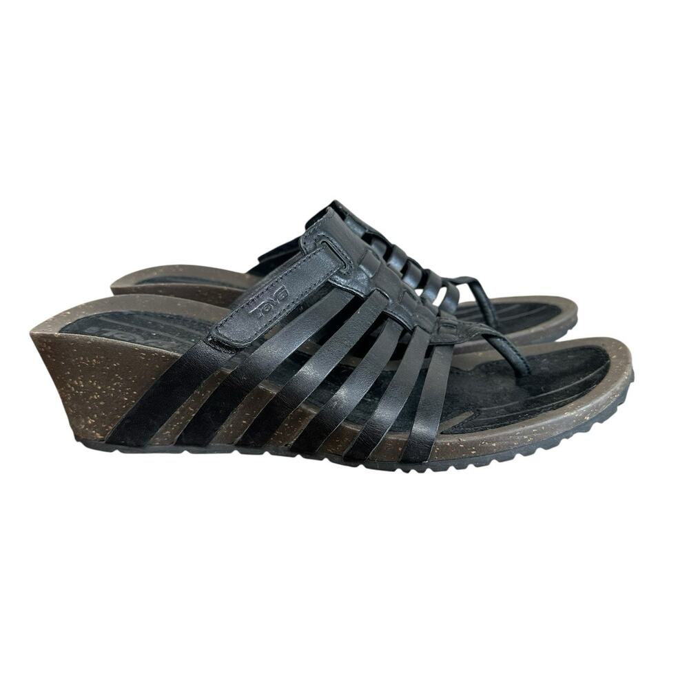 Teva Women’s Cabrillo Black Strappy Leather Cork Wedge Thong Sandals Size 10